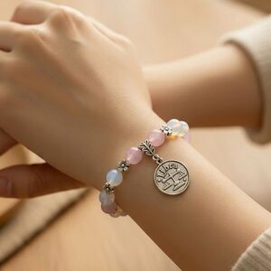 Libra Zodiac Charm Crystal Beaded Bracelet in Pink Kuznite and Opalite. 6.5"